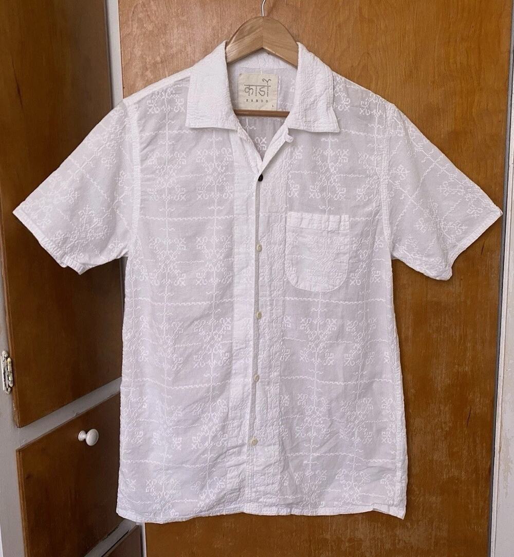 Kardo Chintan Schiffli White Embroidered Camp Shirt Loop Collar Resort Sz L READ
